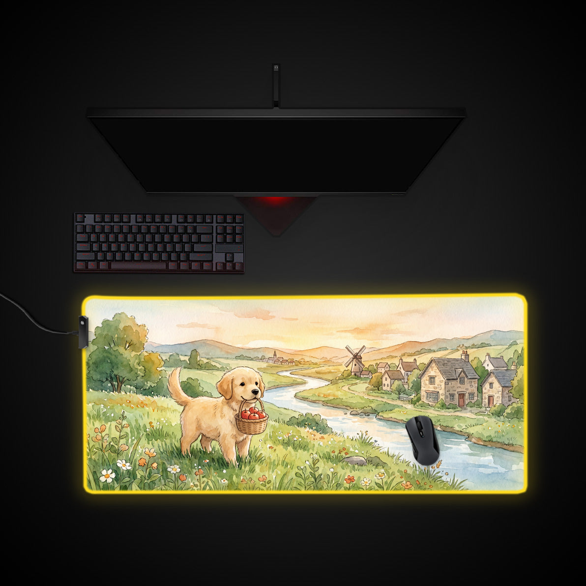 Pastoral Puppy desk mat with RGB edge lighting