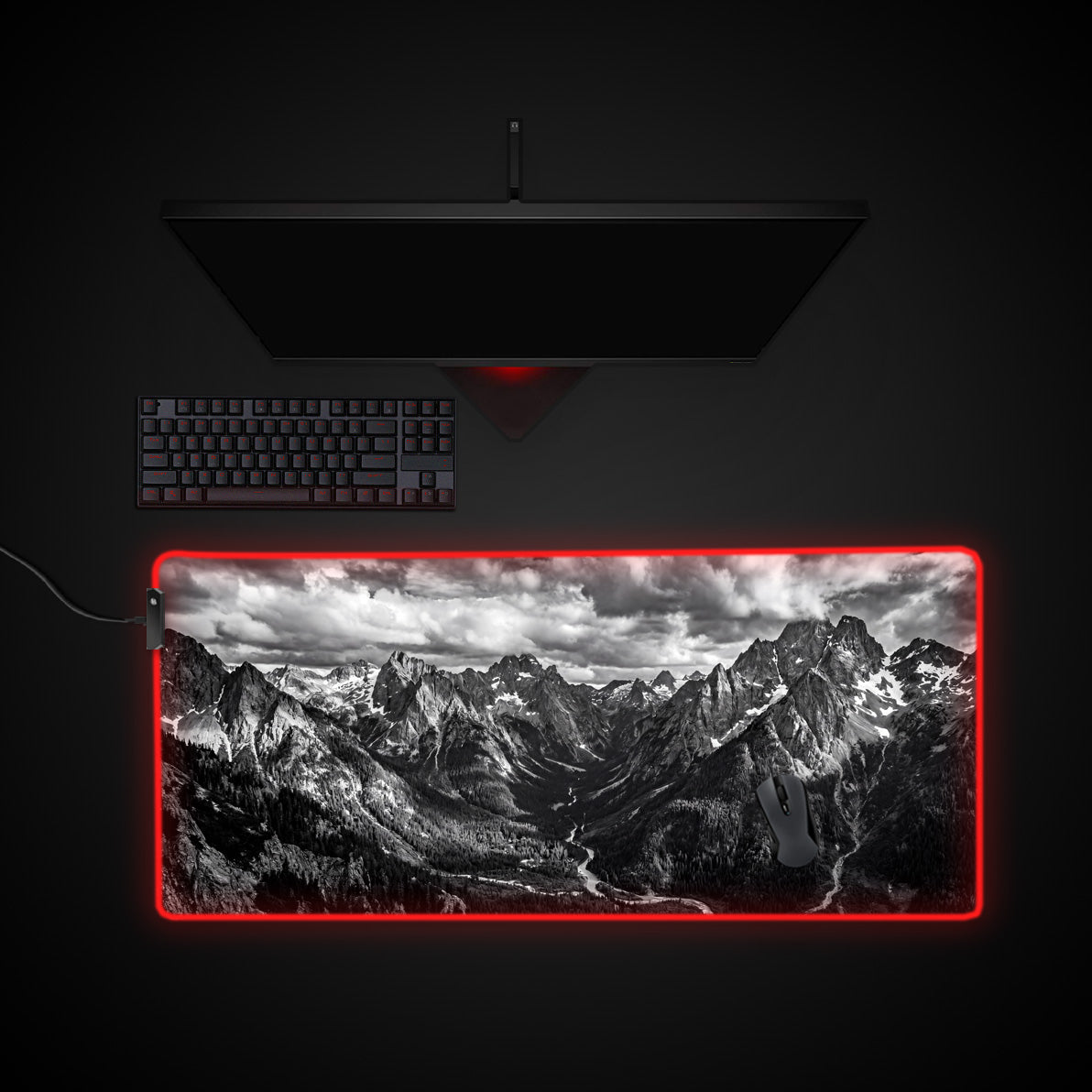 Monochrome Peaks desk mat with RGB edge lighting