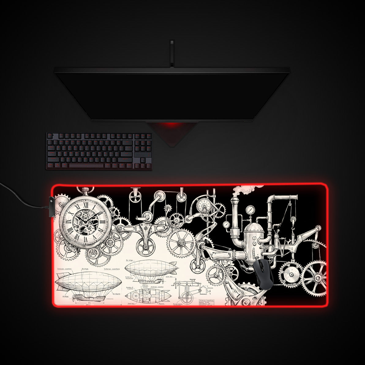Clockwork Blueprint desk mat with RGB edge lighting