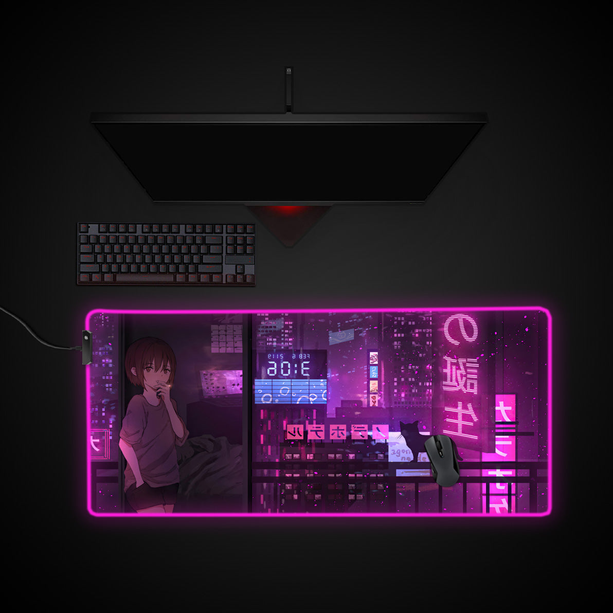 Anime Girl Cyberpunk Desk Pad desk mat with RGB edge lighting