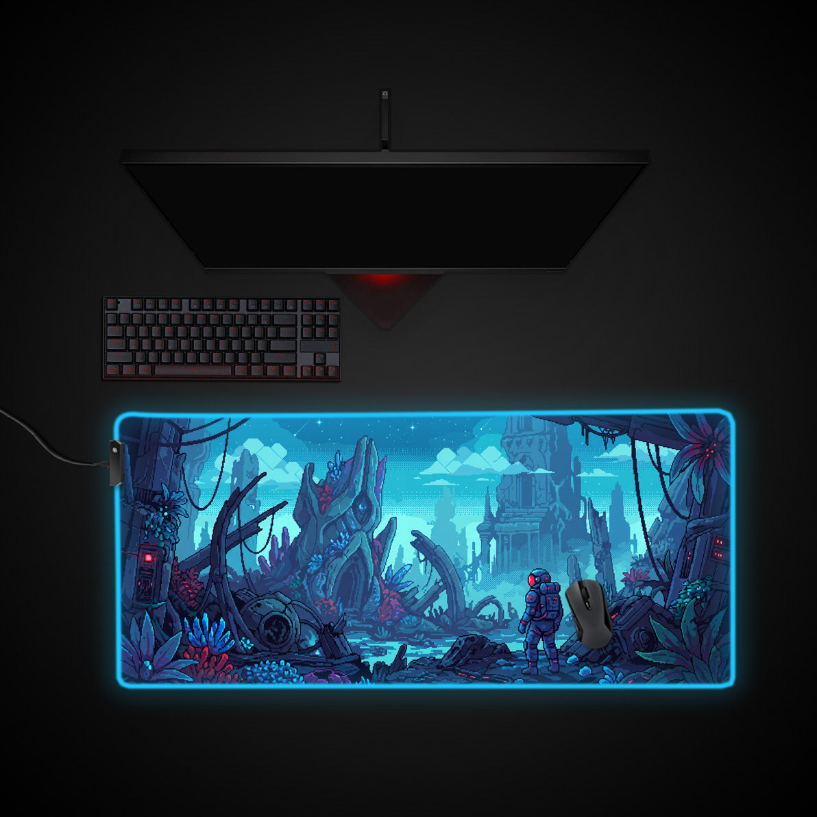 Alien Pixel Ruins desk mat with RGB edge lighting
