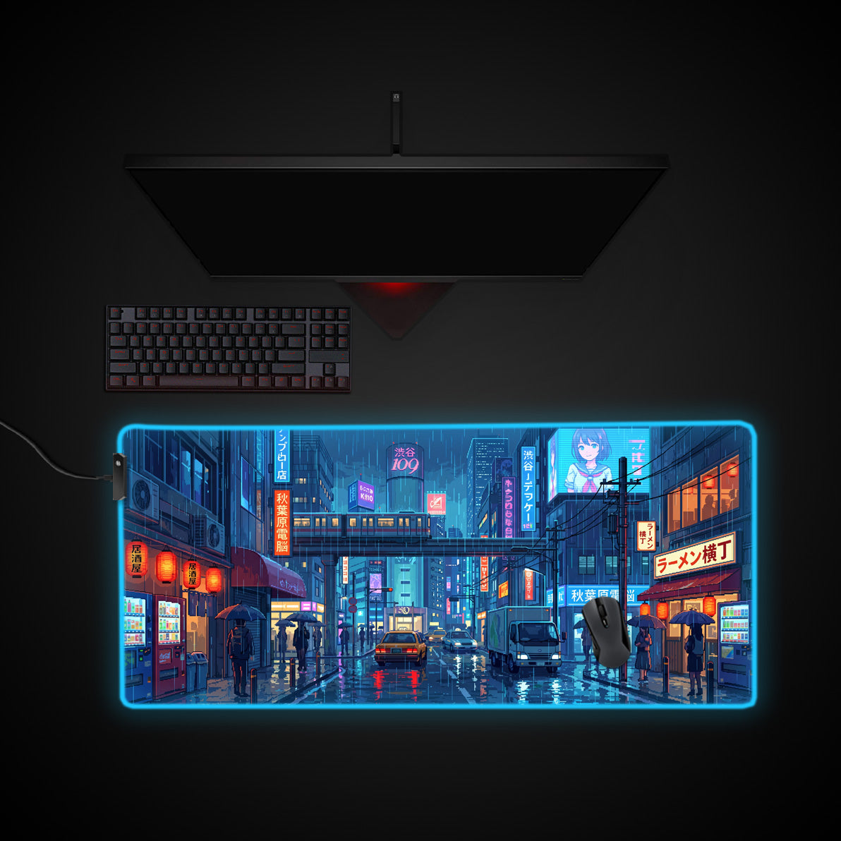 Pixel Tokyo Nights desk mat with RGB edge lighting