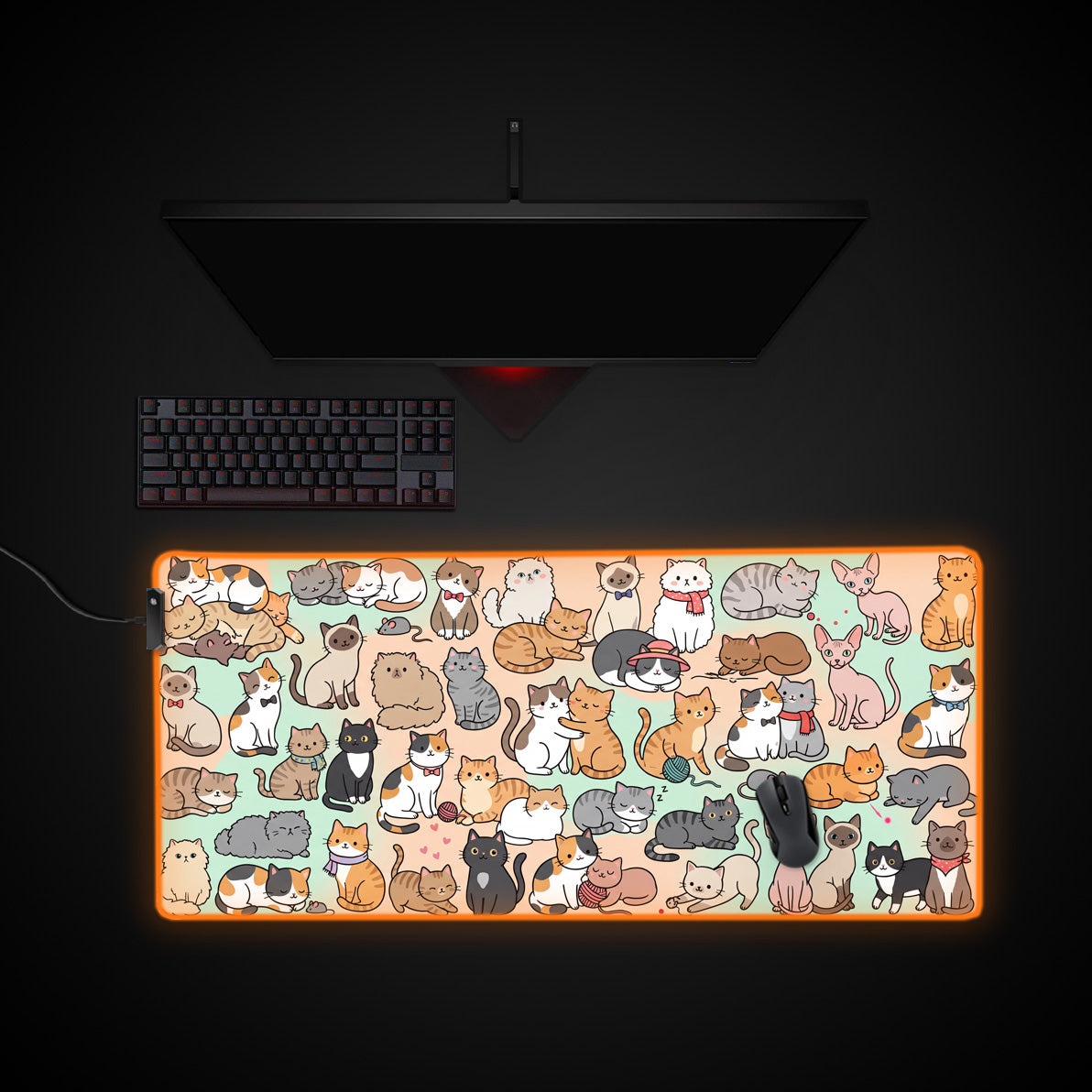 Kawaii Kitties desk mat with RGB edge lighting