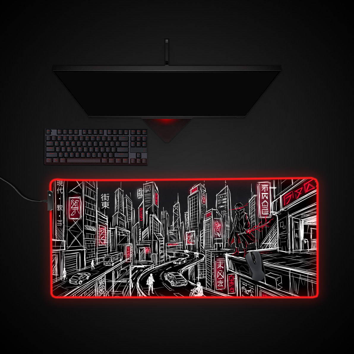 Neon Ronin desk mat with RGB edge lighting