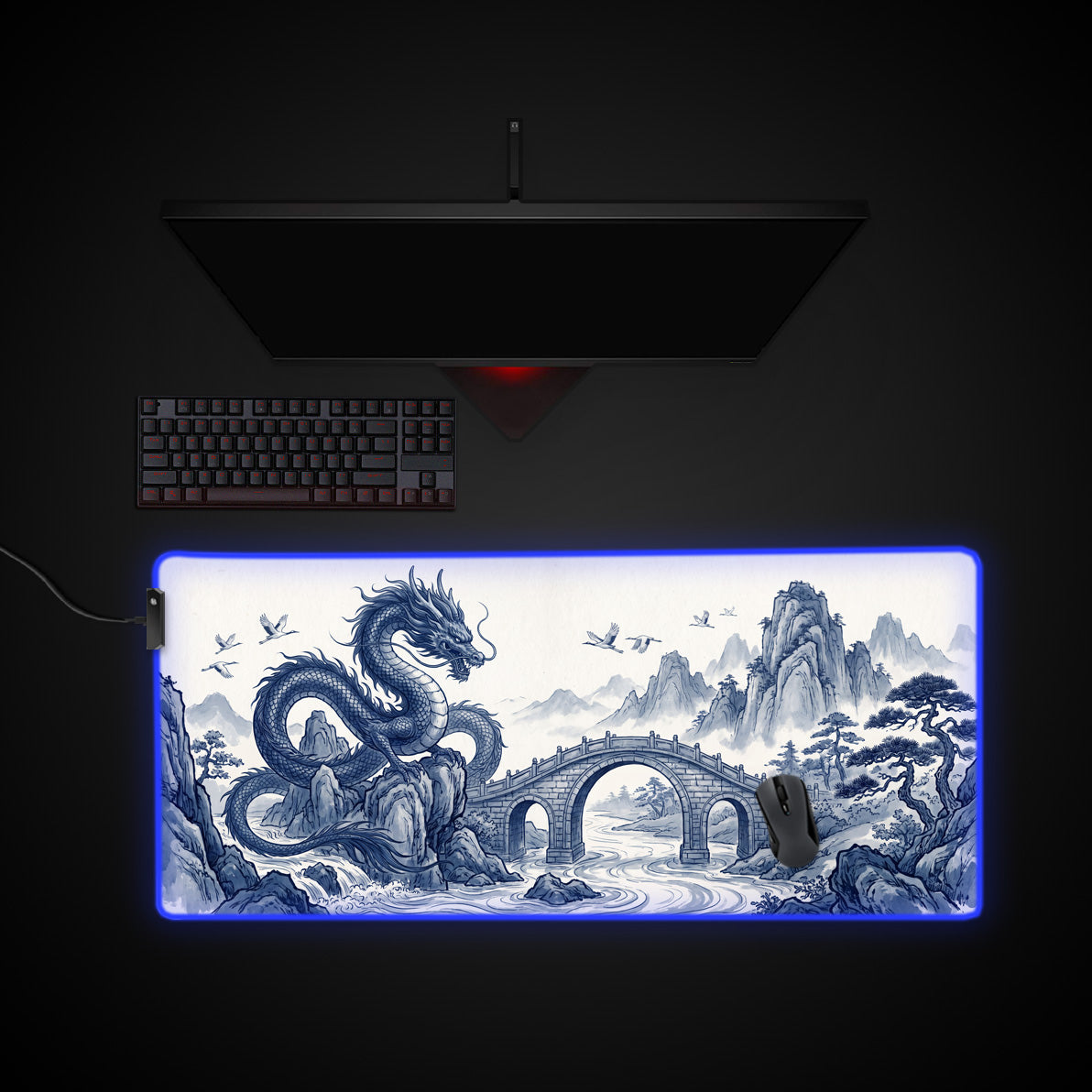 Porcelain Dragon desk mat with RGB edge lighting