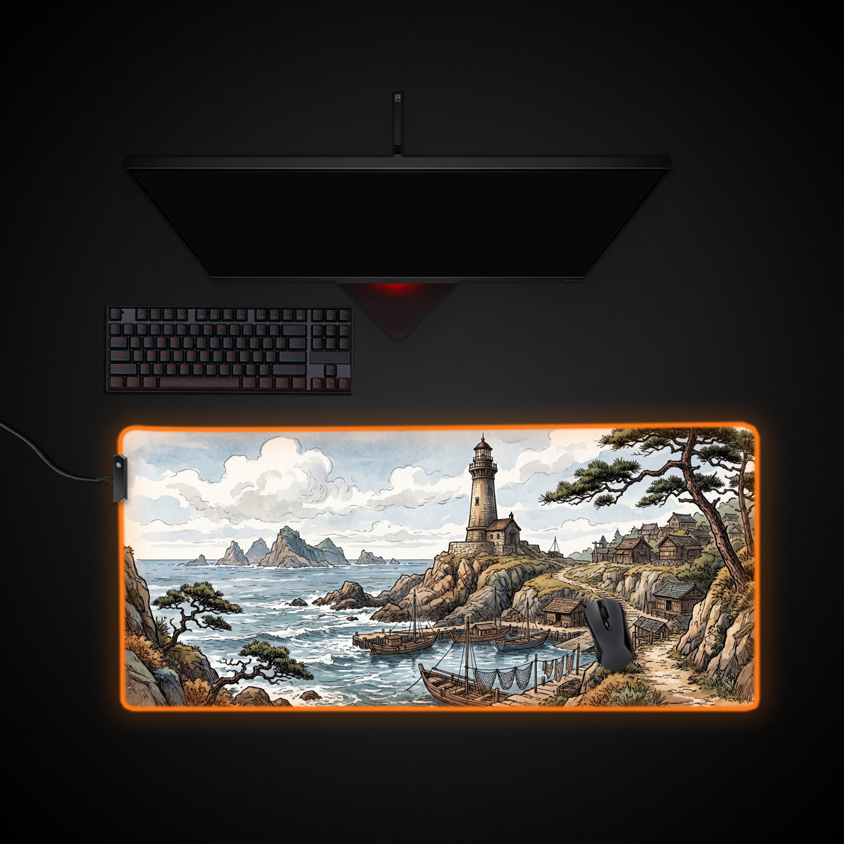 Coastal Lighthouse desk mat with RGB edge lighting