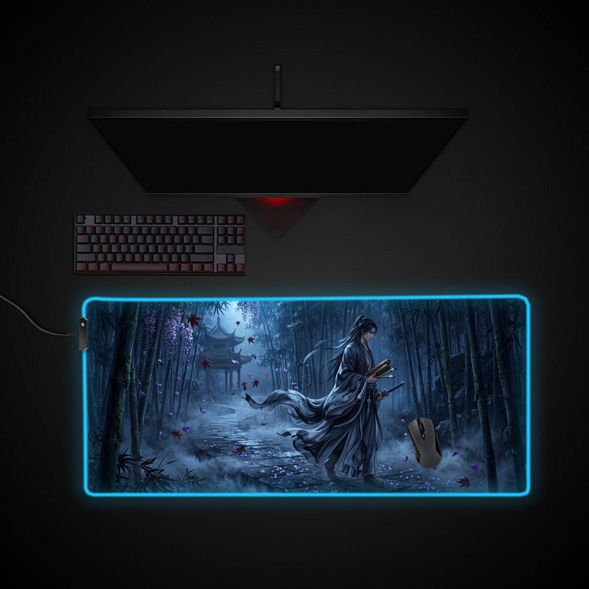 Shadow Swordsman desk mat with RGB edge lighting