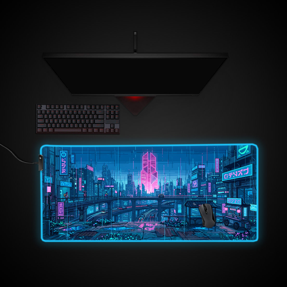 Rainy Pixel City desk mat with RGB edge lighting