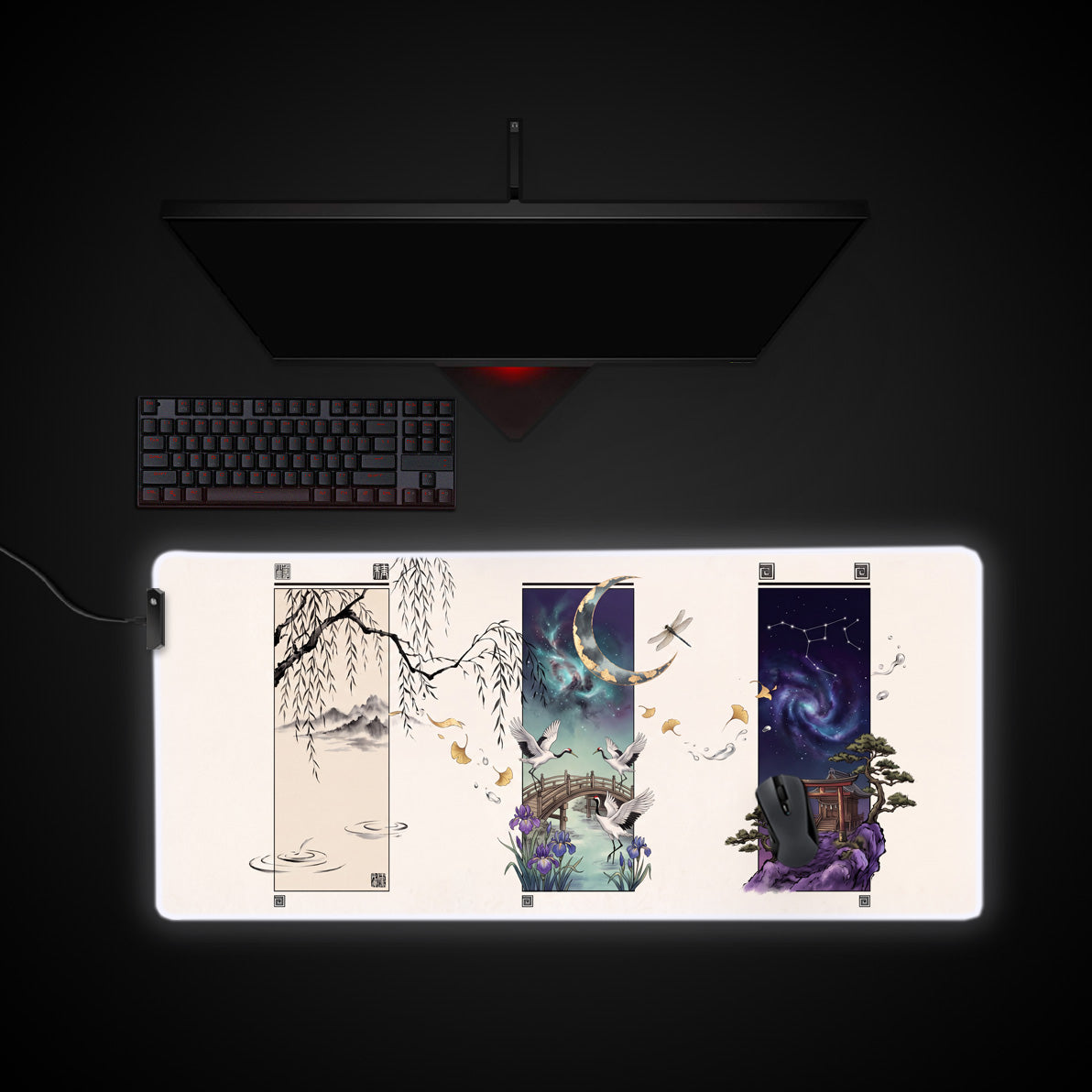 Celestial Triptych desk mat with RGB edge lighting