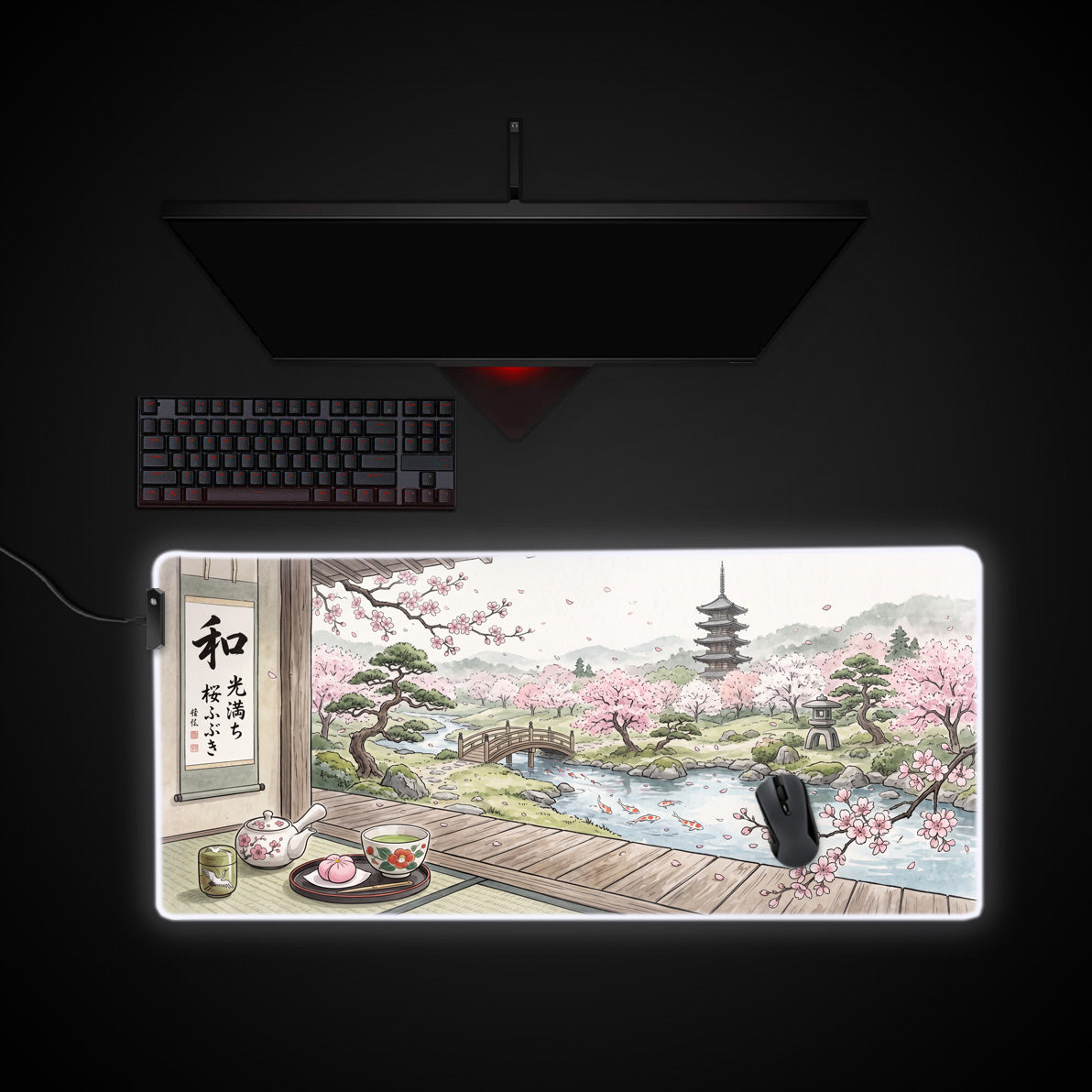 Sakura Tea Garden desk mat with RGB edge lighting