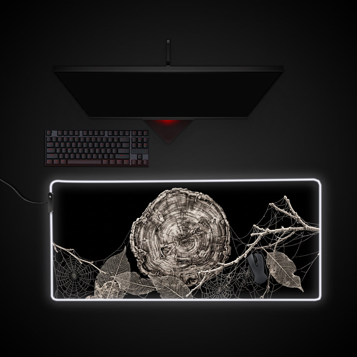 Webbed Timber desk mat with RGB edge lighting