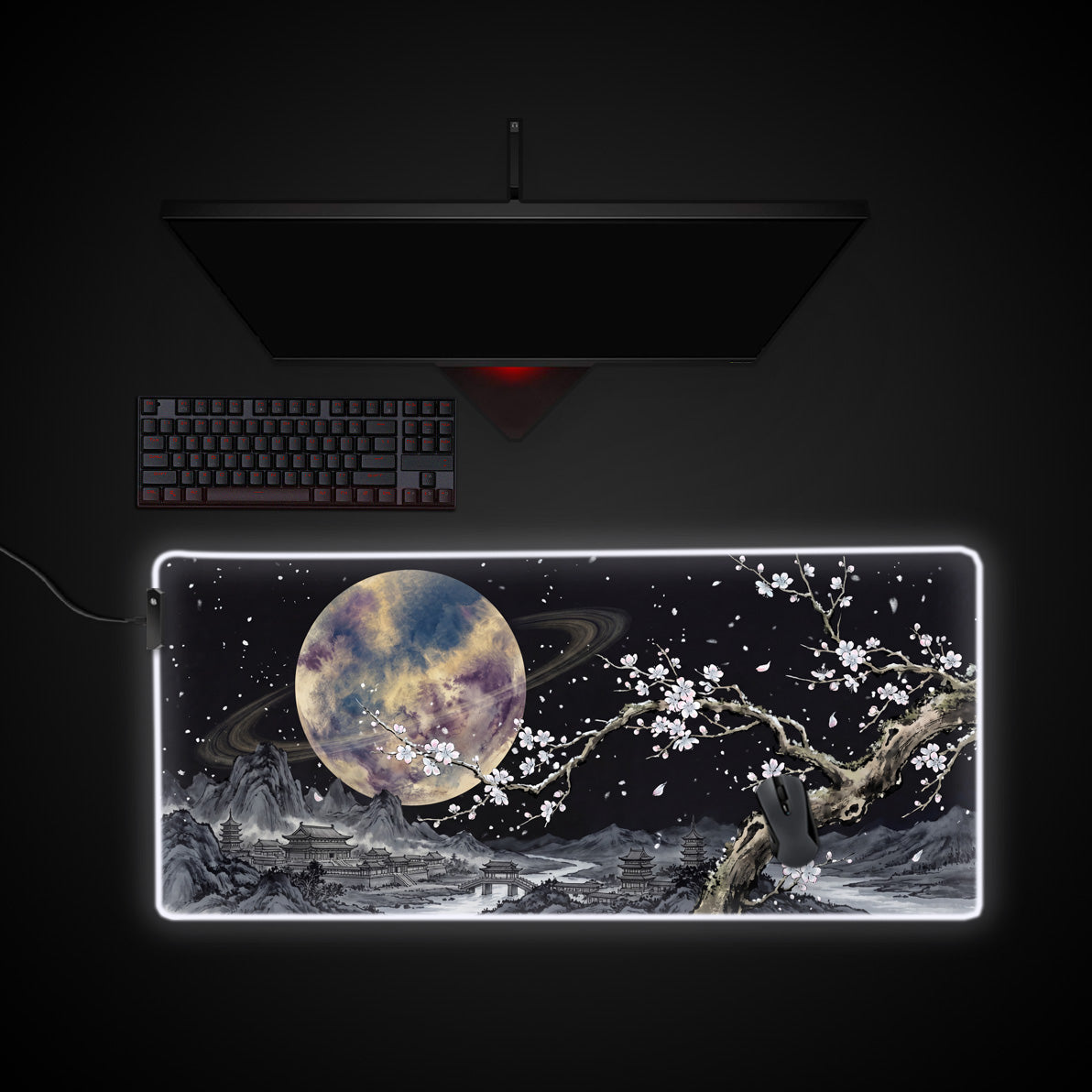 Lunar Sakura desk mat with RGB edge lighting