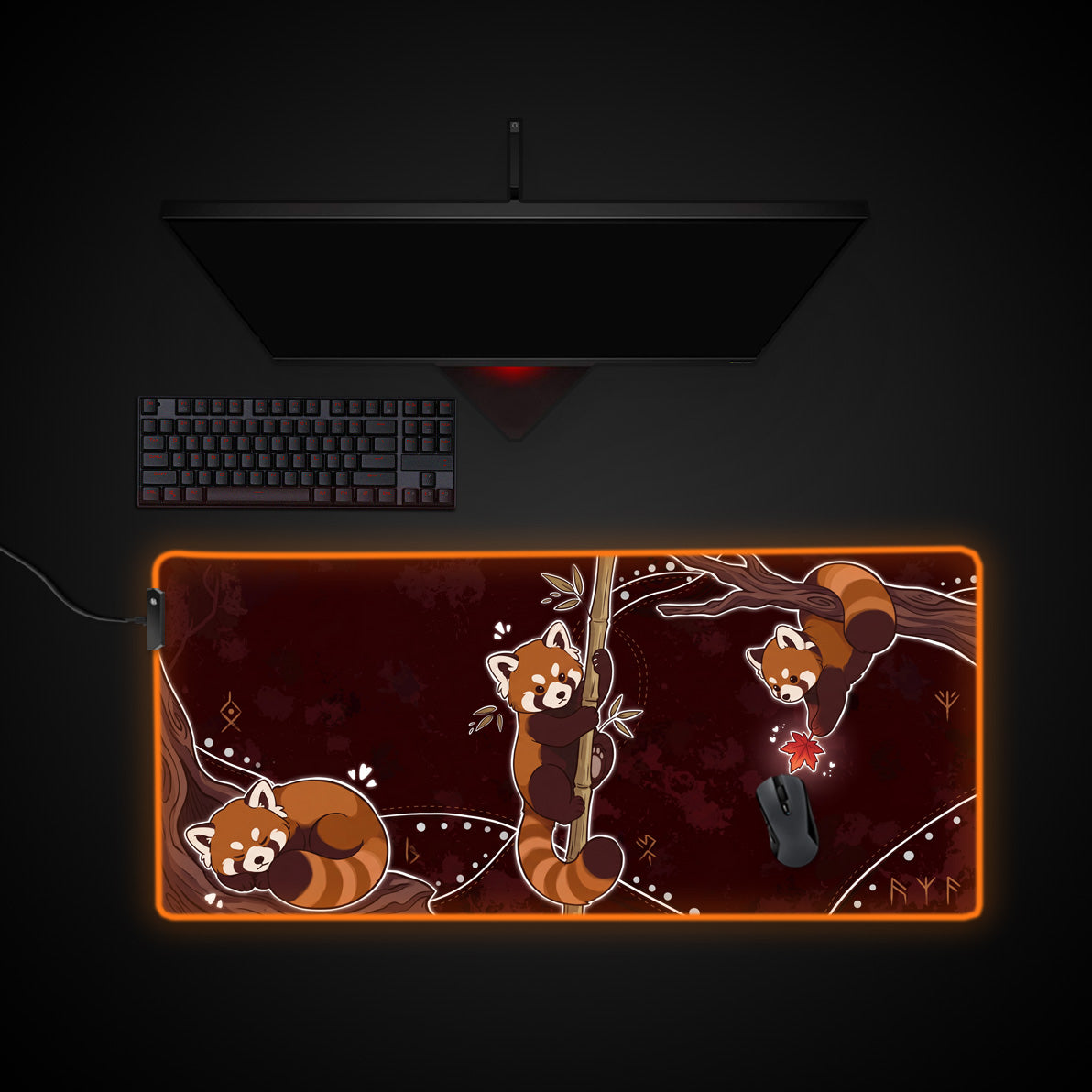 Crimson Pandas desk mat with RGB edge lighting
