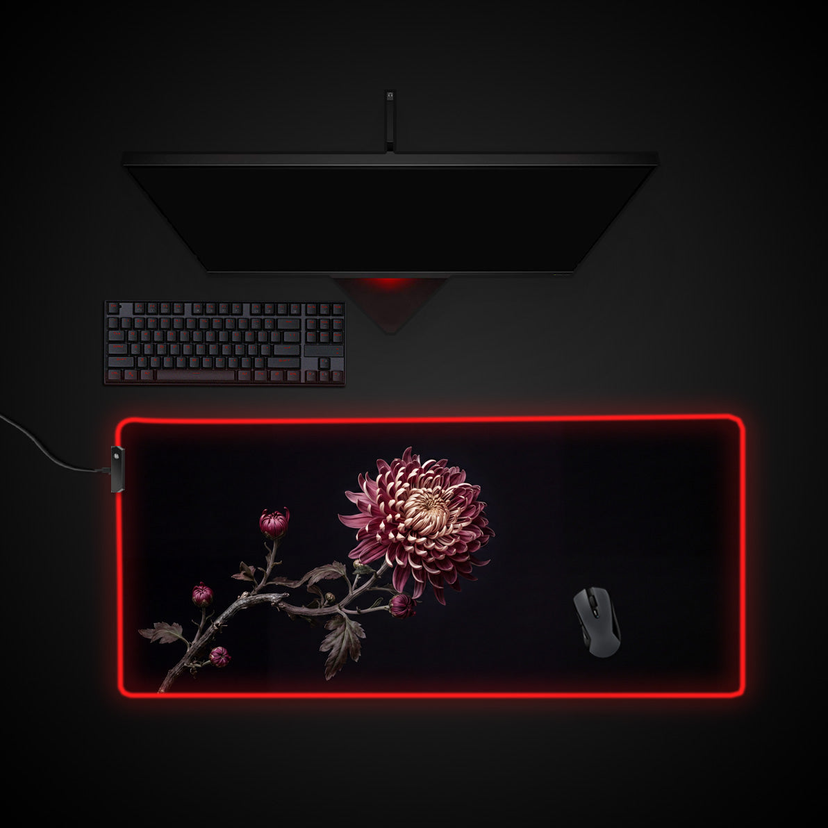Crimson Bloom desk mat with RGB edge lighting