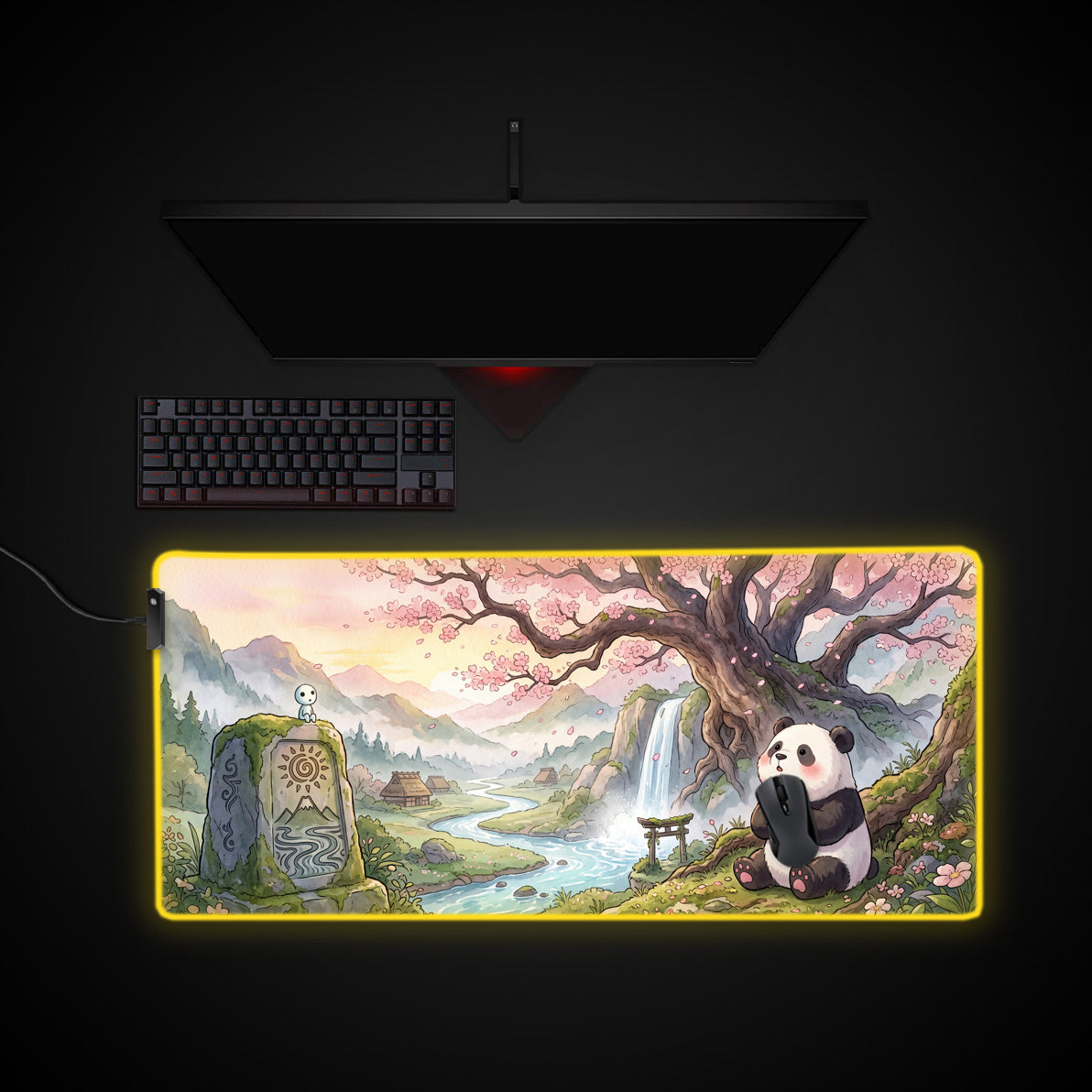 Tranquil Sakura Panda desk mat with RGB edge lighting