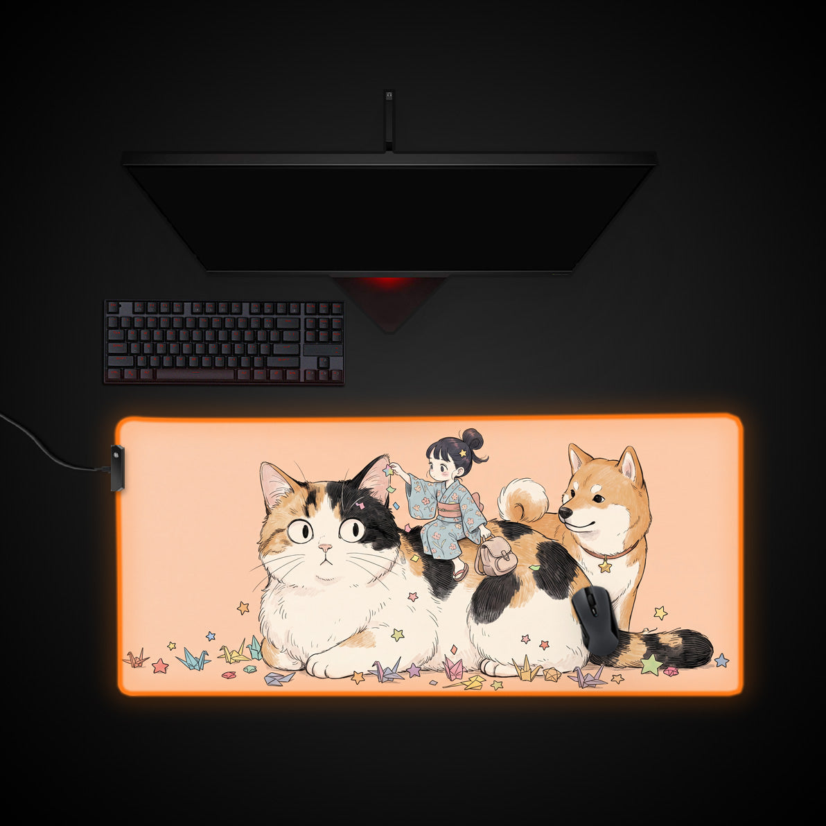 Kawaii Cat Journey desk mat with RGB edge lighting
