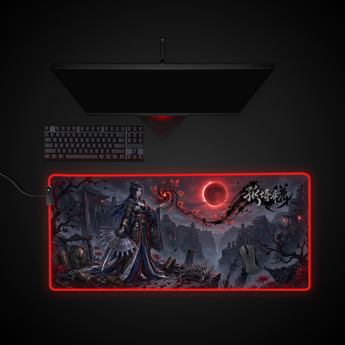 Crimson Moon Empress desk mat with RGB edge lighting