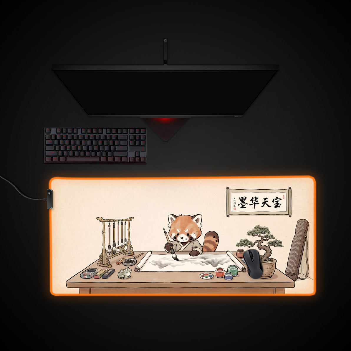 Scholar Red Panda desk mat with RGB edge lighting