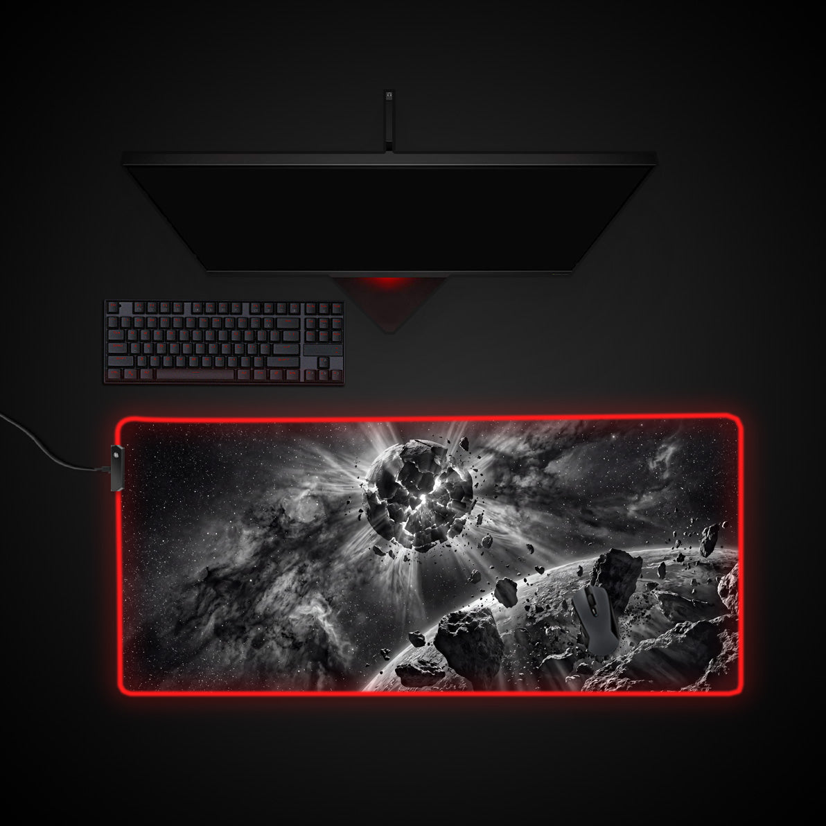 Shattered Planet desk mat with RGB edge lighting