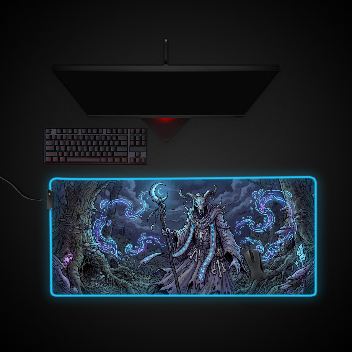 Lunar Necromancer desk mat with RGB edge lighting