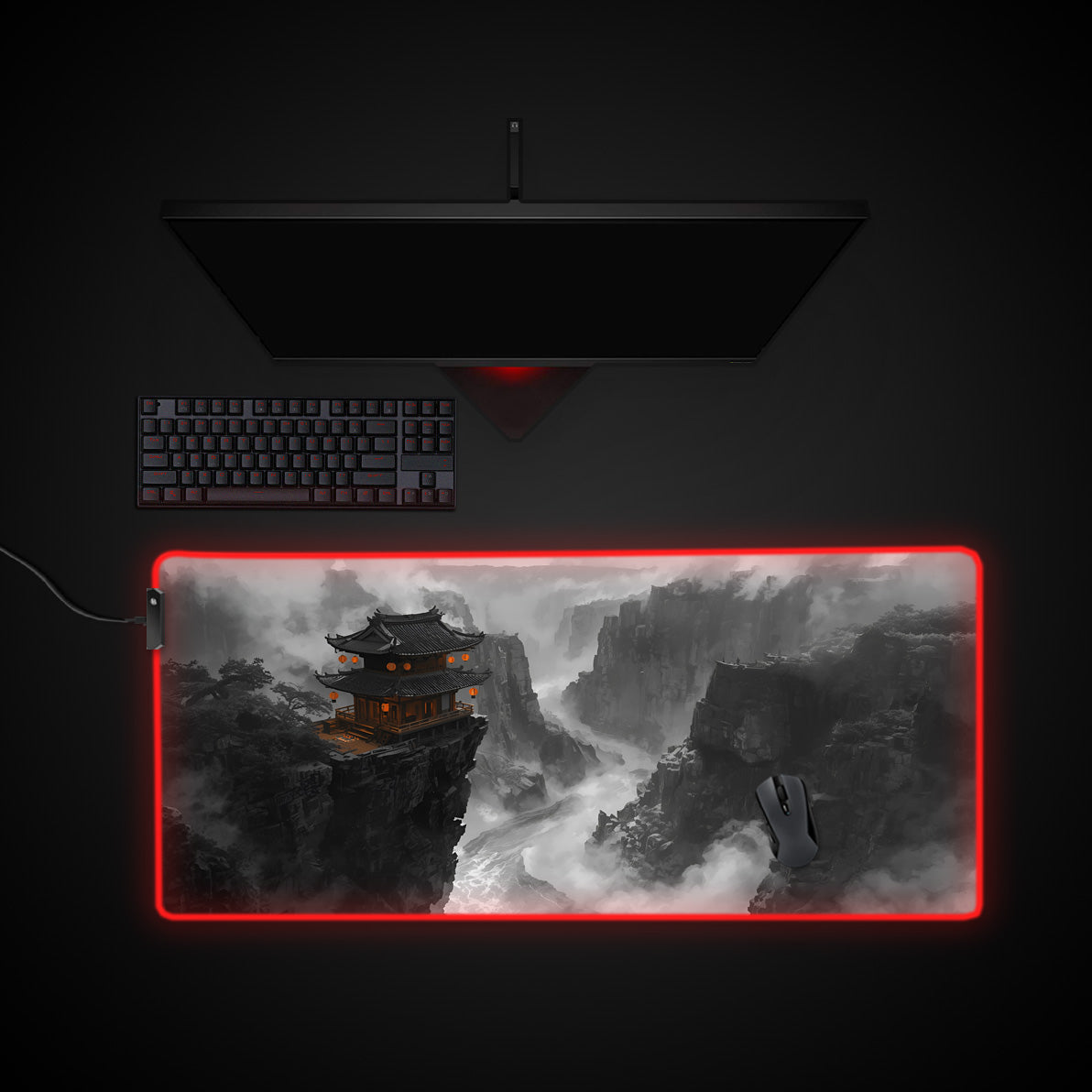 Cliffside Temple desk mat with RGB edge lighting
