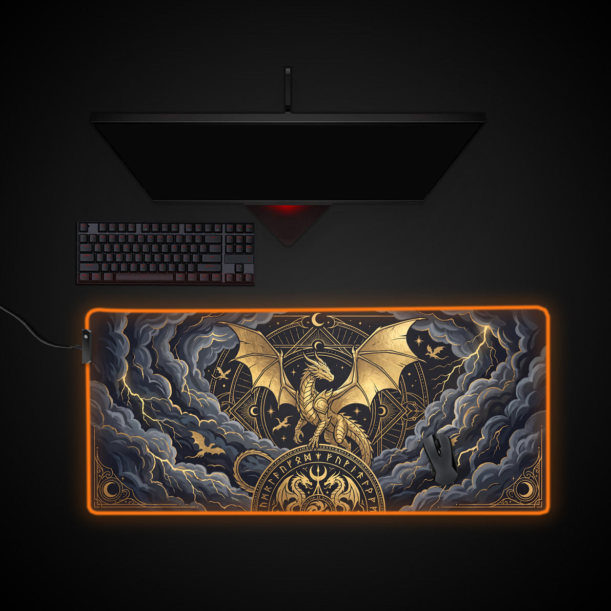 Celestial Storm Dragon desk mat with RGB edge lighting