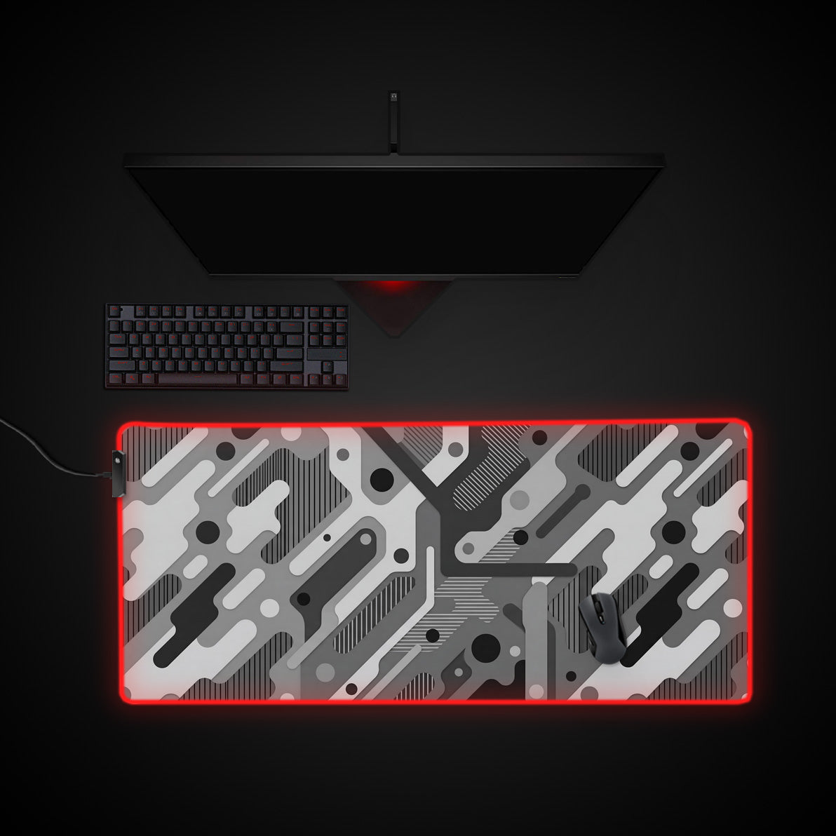 Monochrome Circuit desk mat with RGB edge lighting