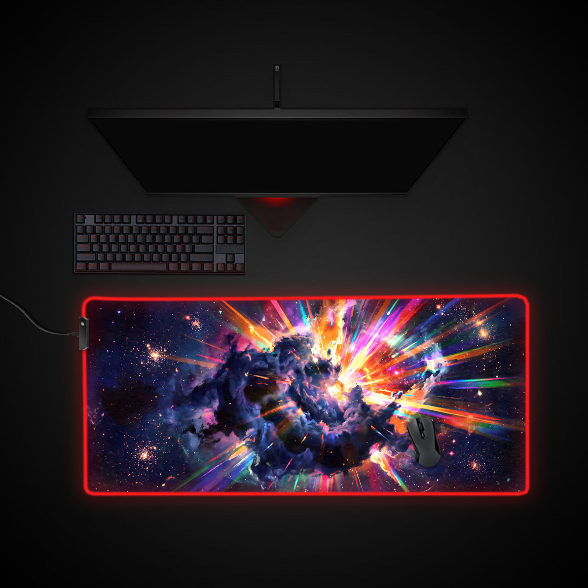 Prismatic Supernova desk mat with RGB edge lighting