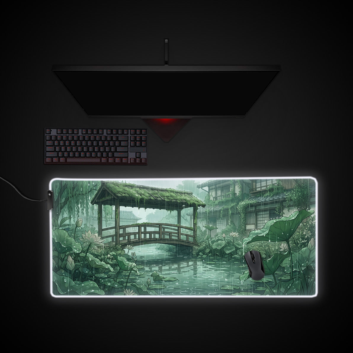 Jade Lotus Garden desk mat with RGB edge lighting