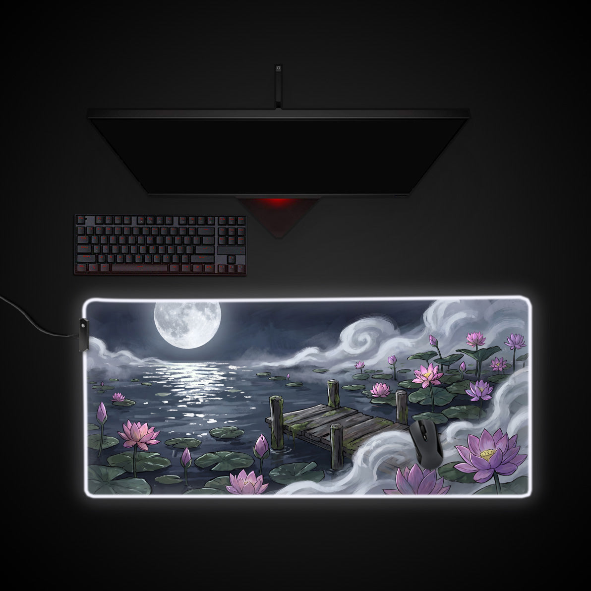 Moonlight Lotus desk mat with RGB edge lighting