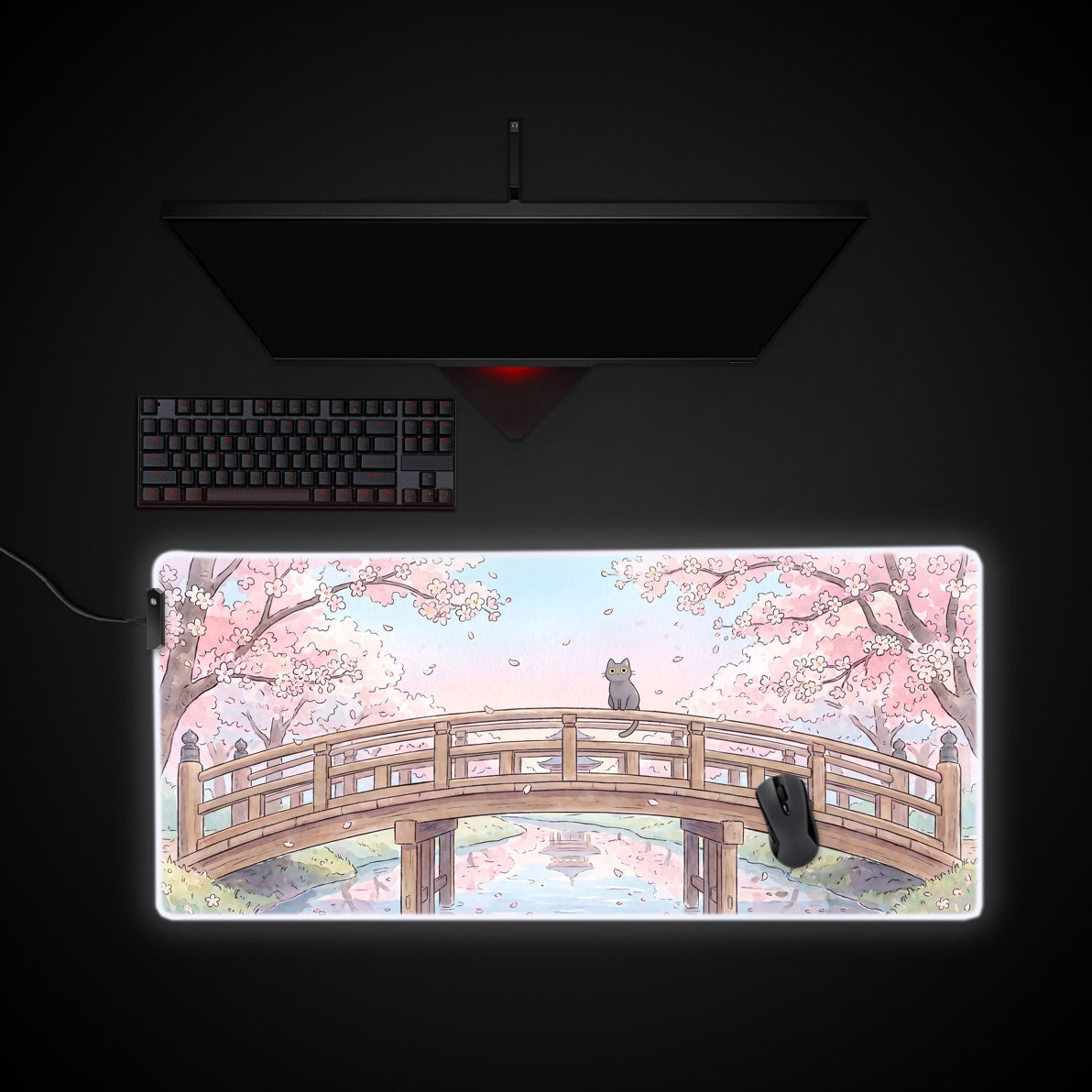 Sakura Bridge Cat desk mat with RGB edge lighting