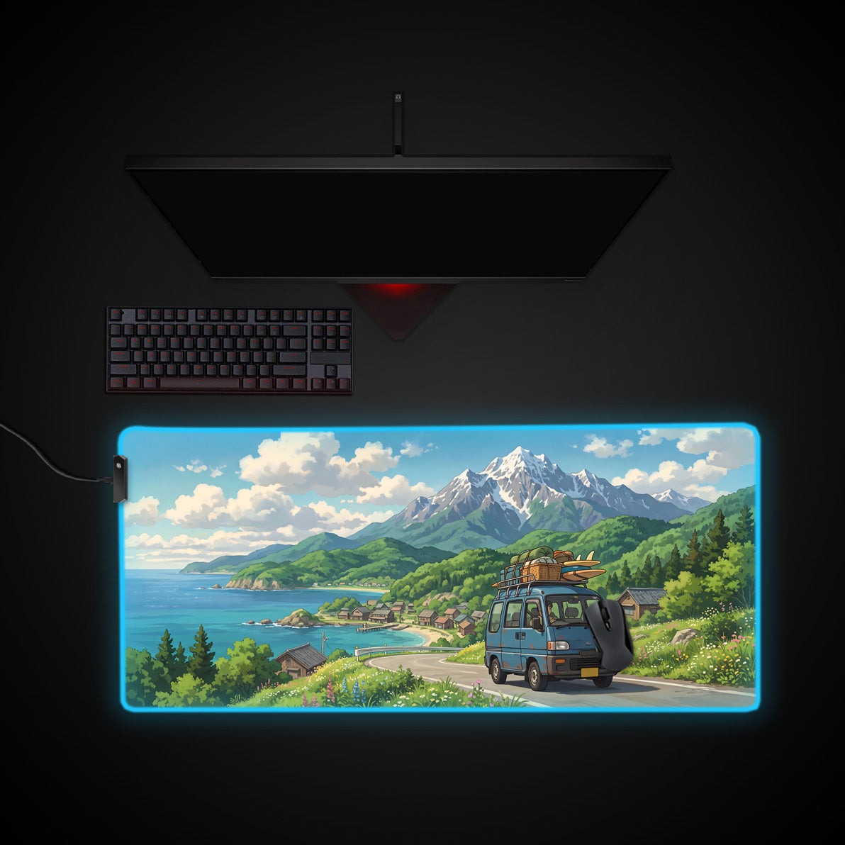 Coastal Road Trip desk mat with RGB edge lighting