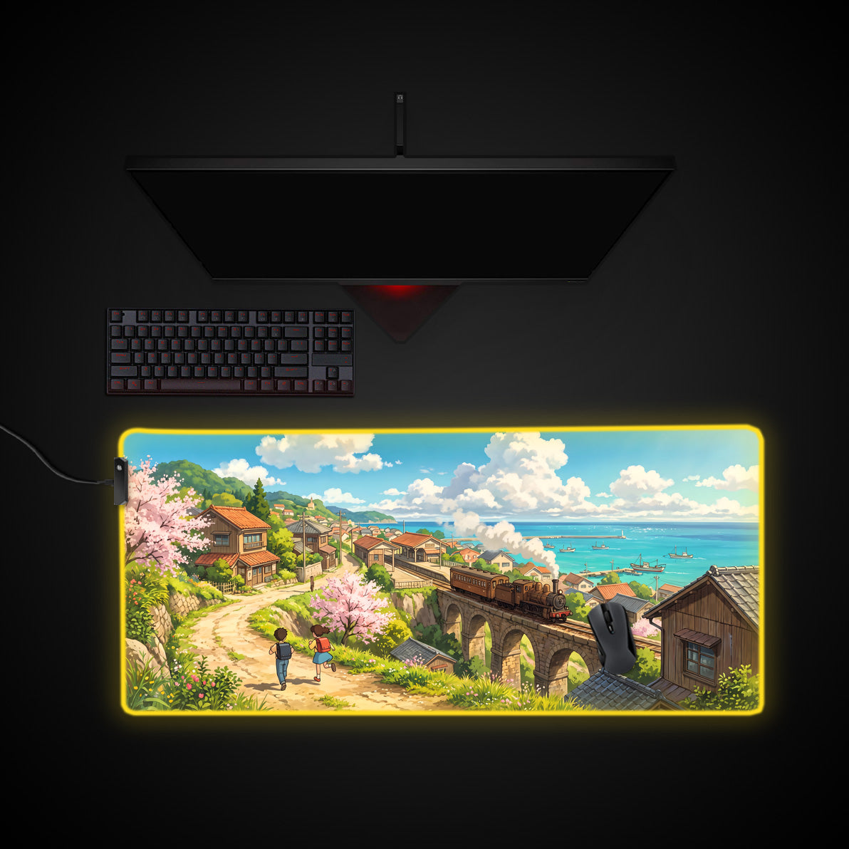 Coastal Train Ride desk mat with RGB edge lighting