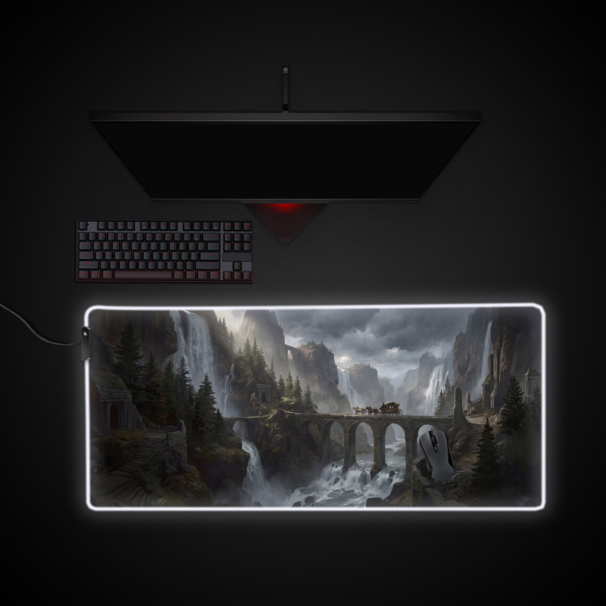 Gorge Waterfall desk mat with RGB edge lighting