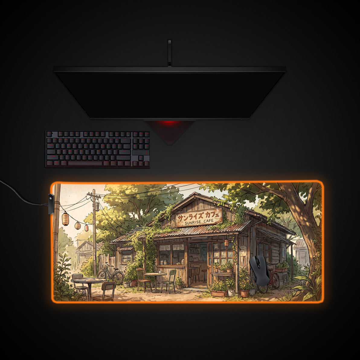 Sunrise Cafe desk mat with RGB edge lighting