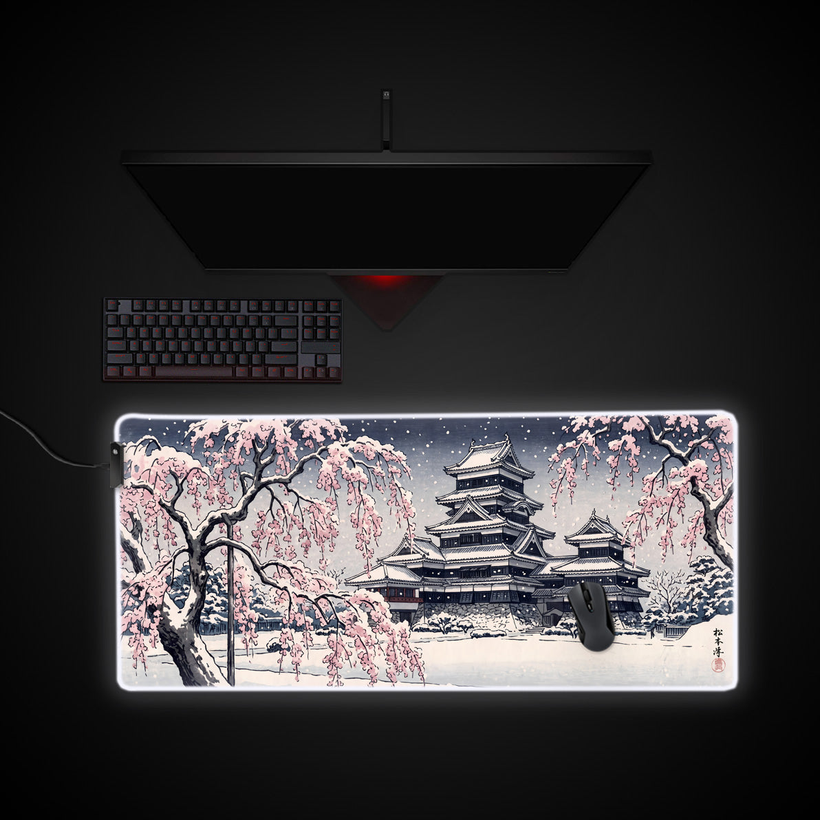 Snowy Sakura Castle desk mat with RGB edge lighting