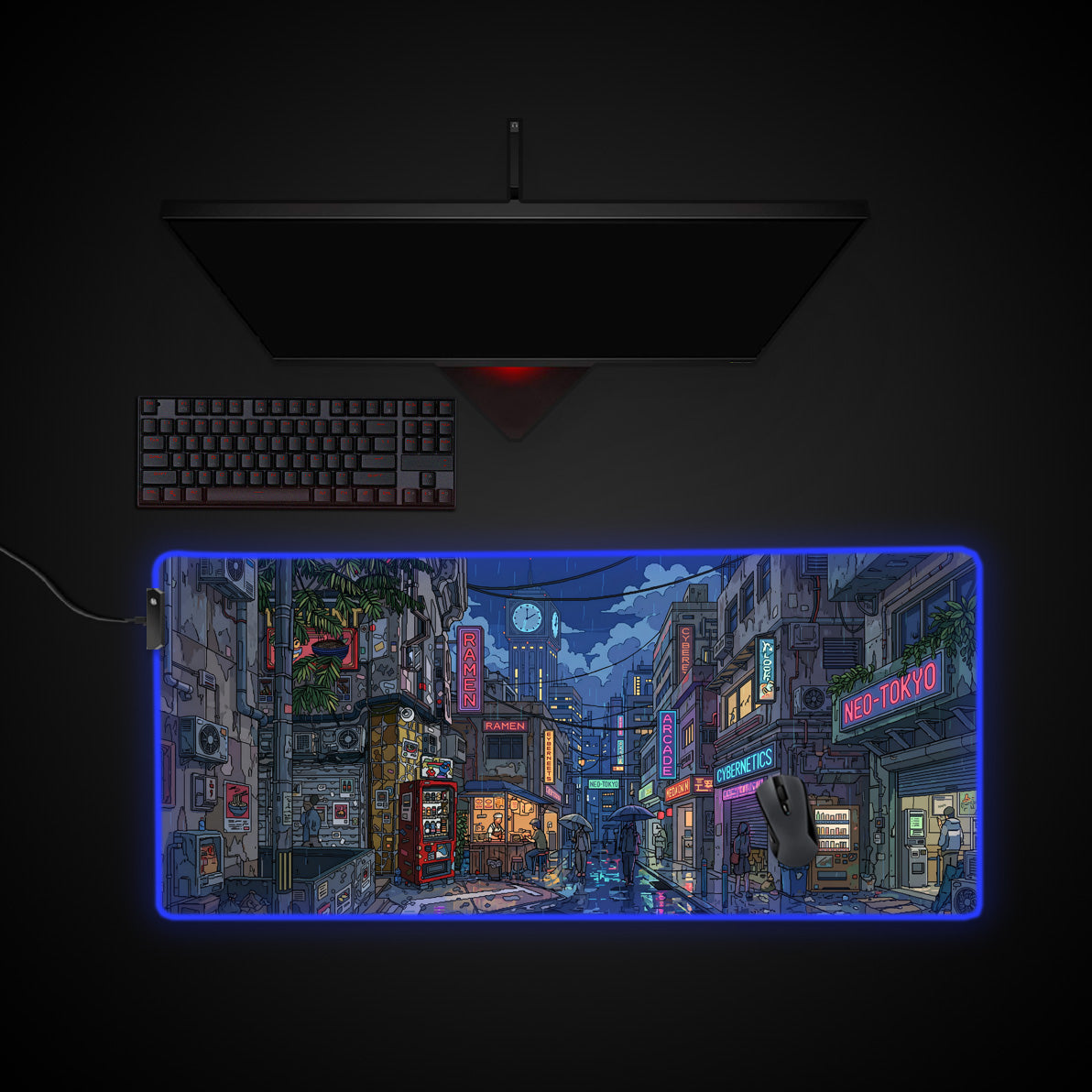 Neon Rains desk mat with RGB edge lighting