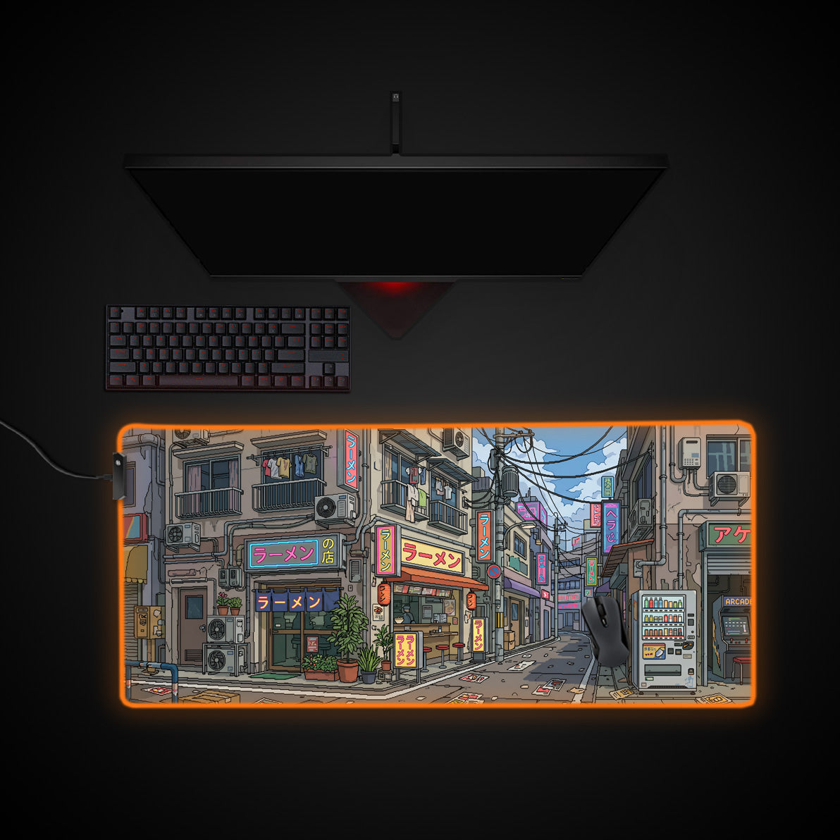 Tokyo Ramen Street desk mat with RGB edge lighting