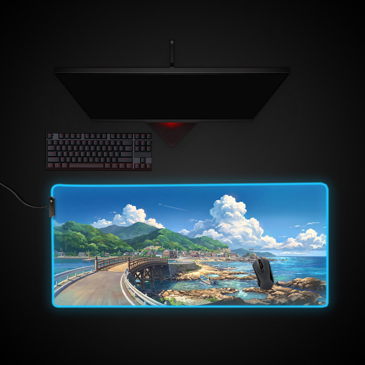 Seaside Anime Village desk mat with RGB edge lighting