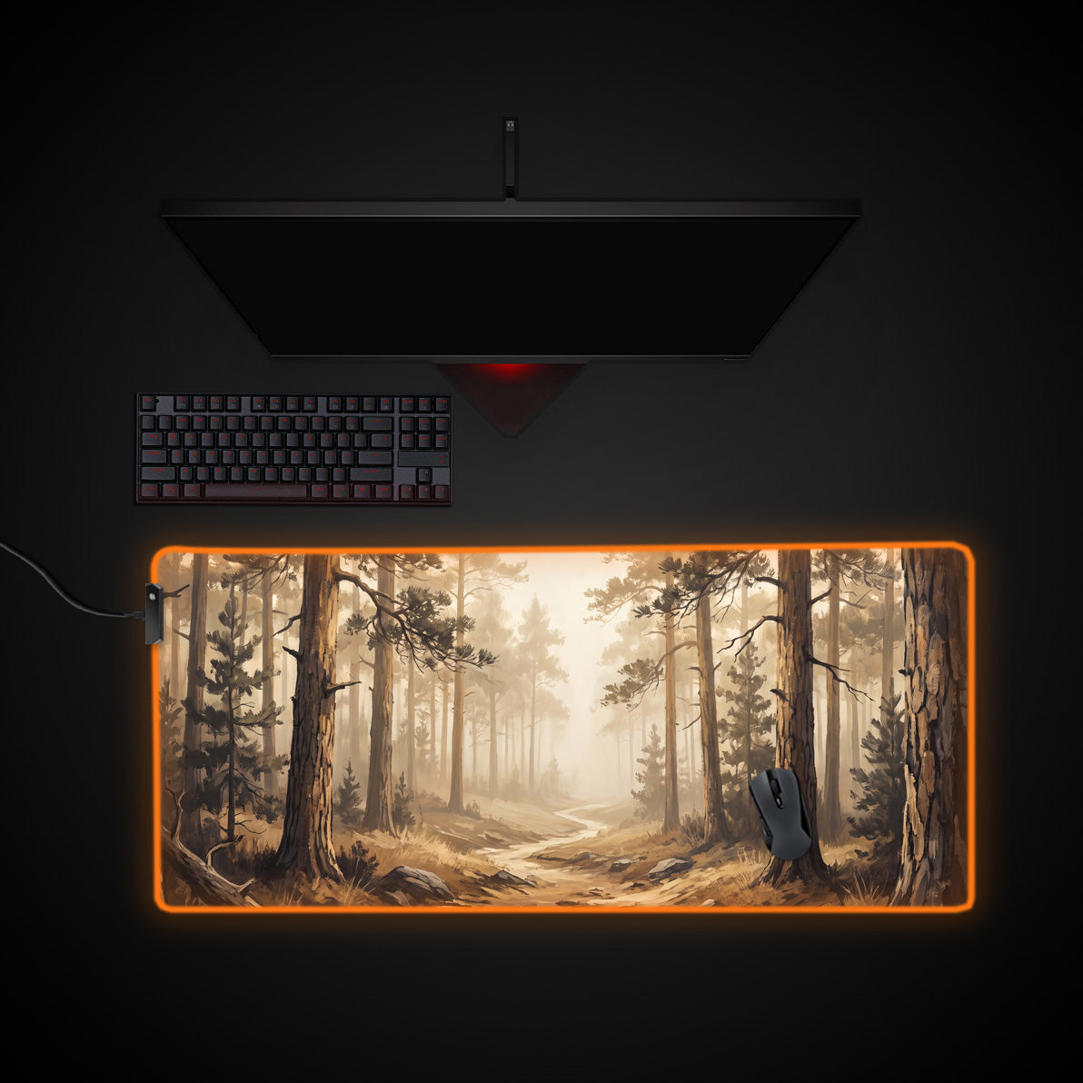 Sepia Forest Trail desk mat with RGB edge lighting