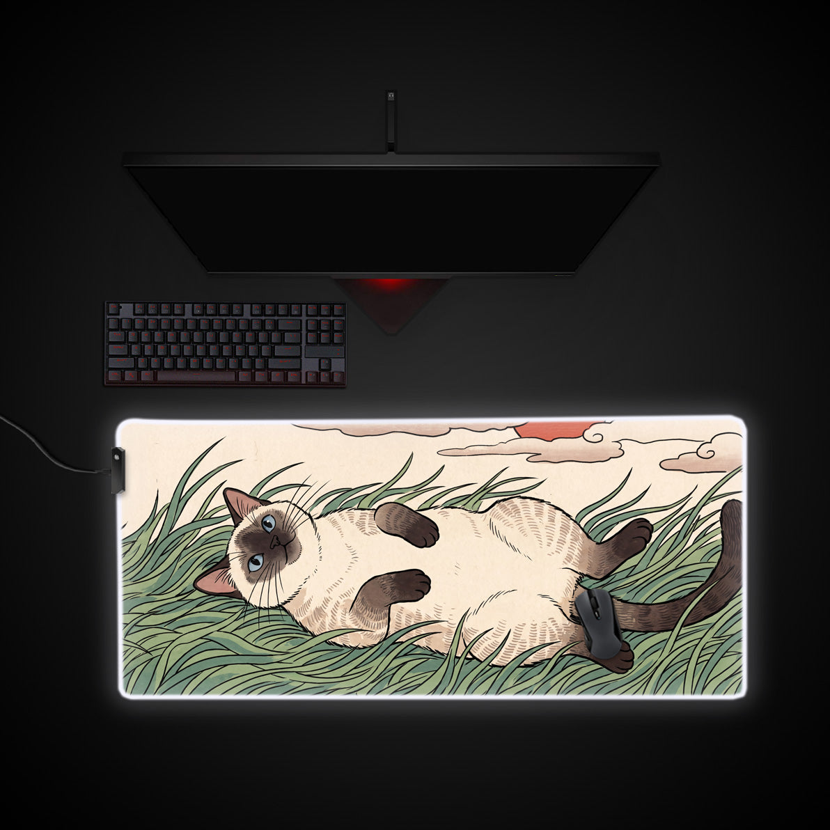 Sunbathing Siamese desk mat with RGB edge lighting