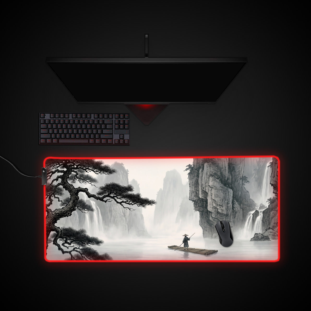 Misty Ink Mountains desk mat with RGB edge lighting
