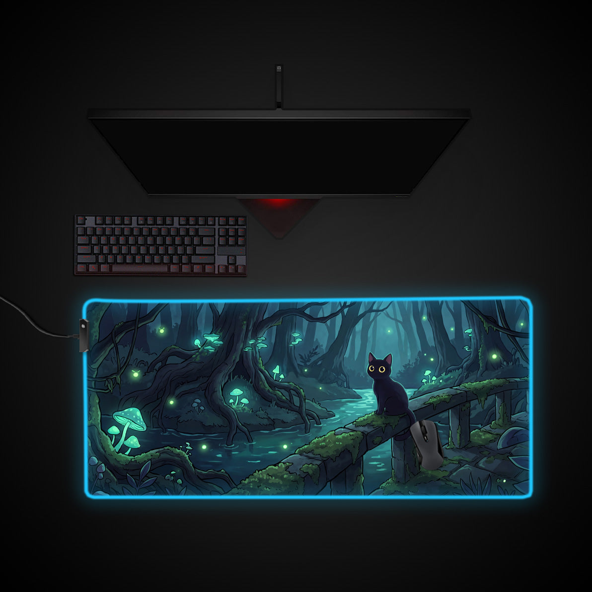 Mystic Forest Cat desk mat with RGB edge lighting