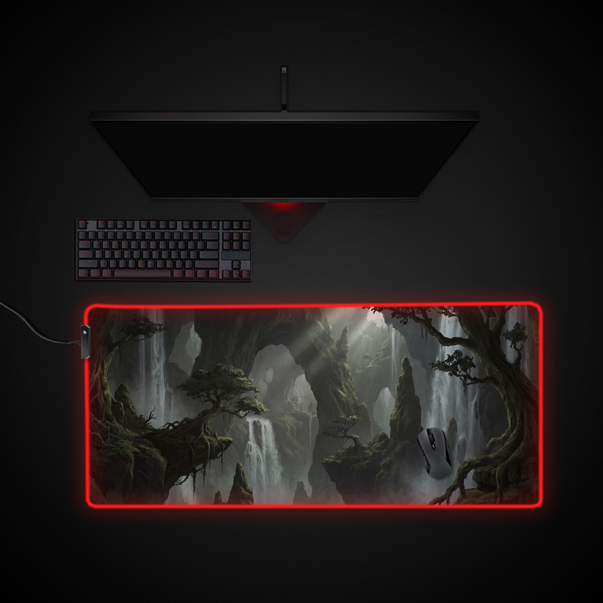 Misty Waterfalls desk mat with RGB edge lighting