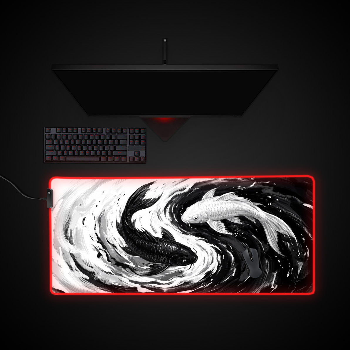 Yin Yang Koi desk mat with RGB edge lighting