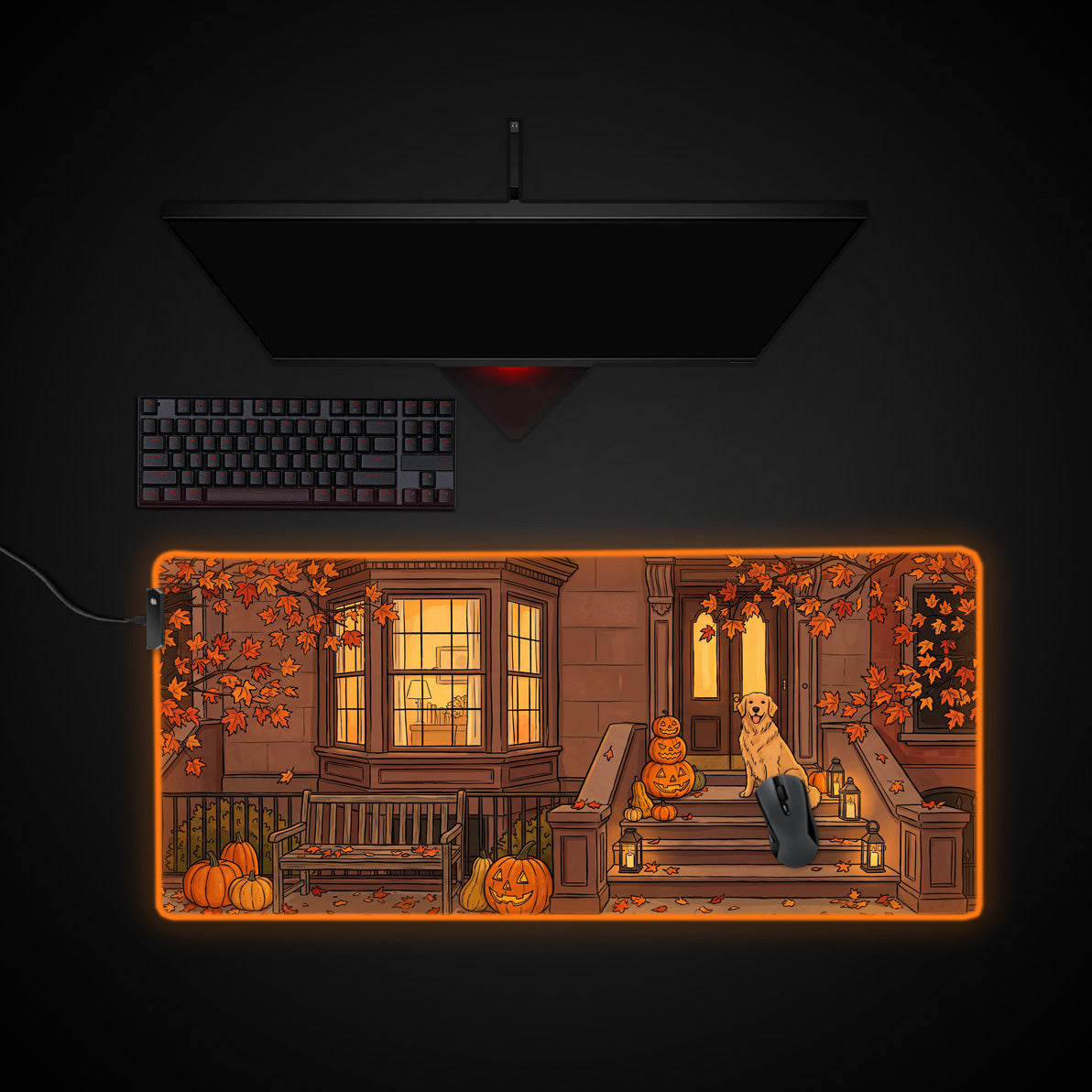 Cozy Autumn Porch desk mat with RGB edge lighting