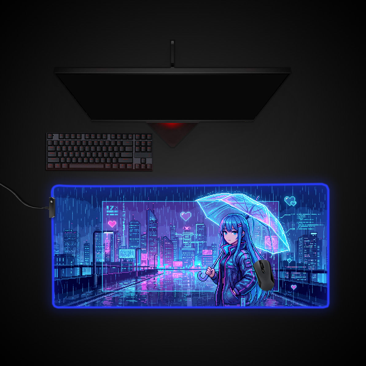 Neon Pixel Rain desk mat with RGB edge lighting