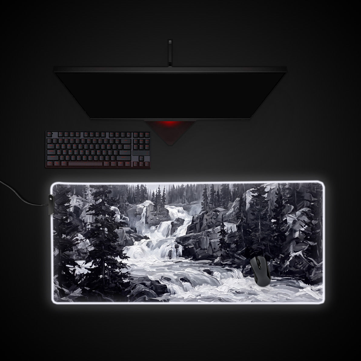 Monochrome Waterfall desk mat with RGB edge lighting