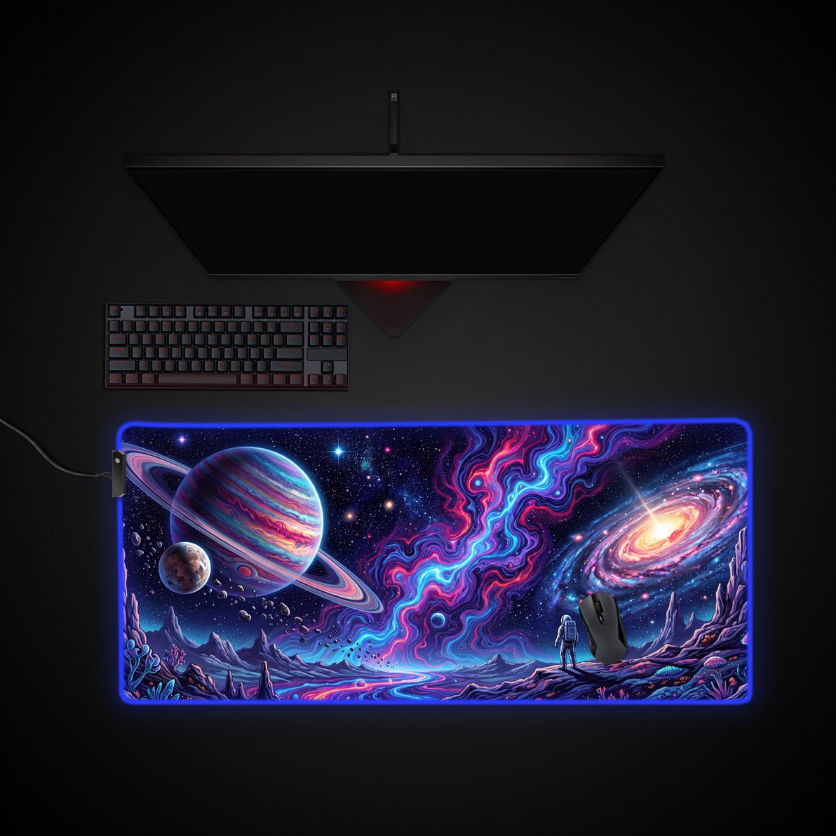 Cosmic Observer desk mat with RGB edge lighting