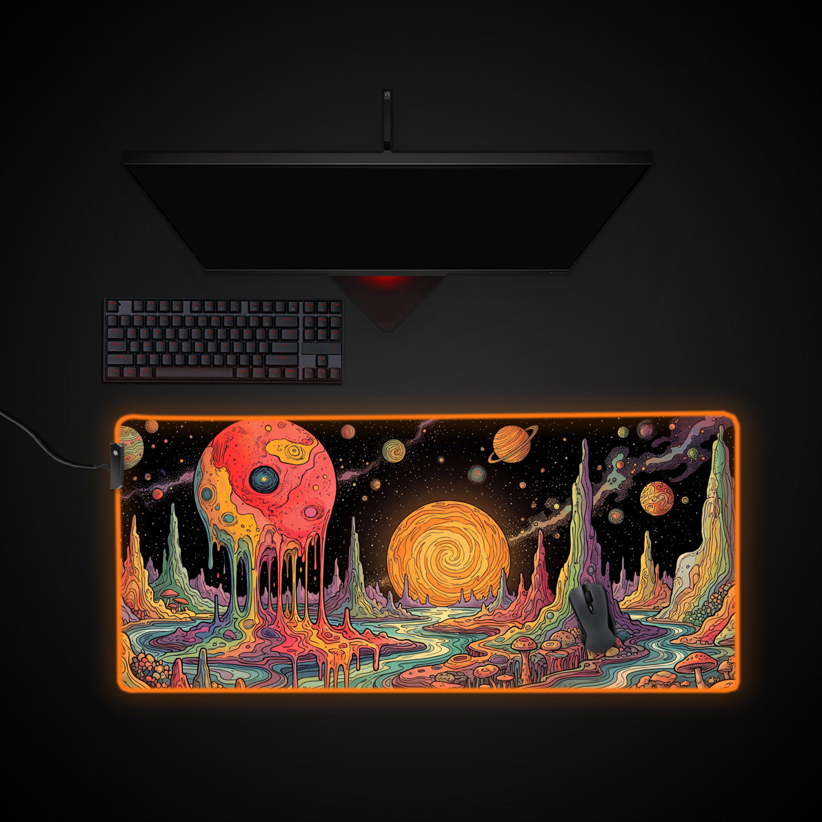Psychedelic Planet desk mat with RGB edge lighting